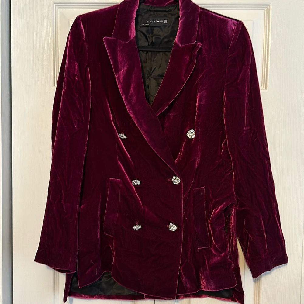 Zara velvet fuchsia/purple blazer with crystal buttons
